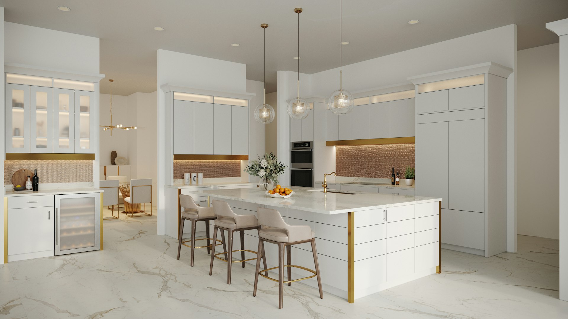 Renovated chef's kitchen with a marble island and custom millwork